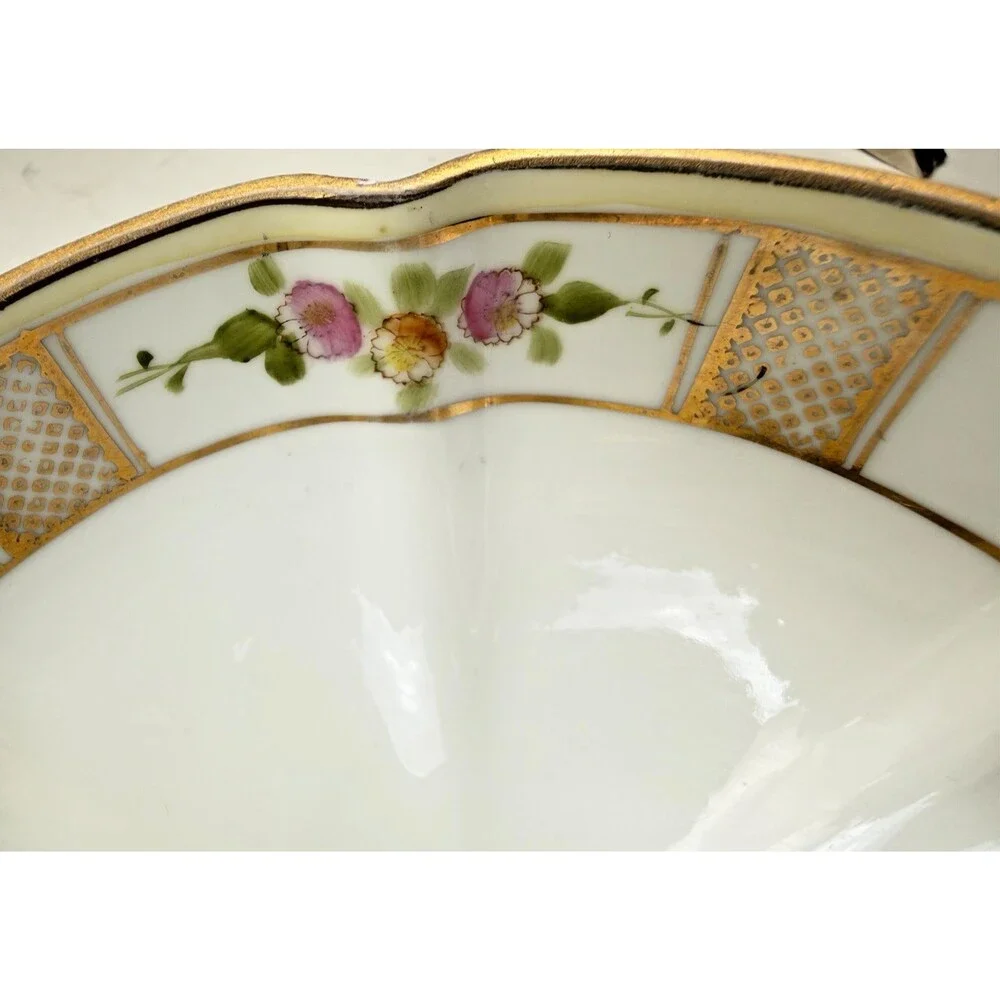 Vintage Hand Painted Nippon Footed Bowl Floral Gold Lattice Raised Relief 7